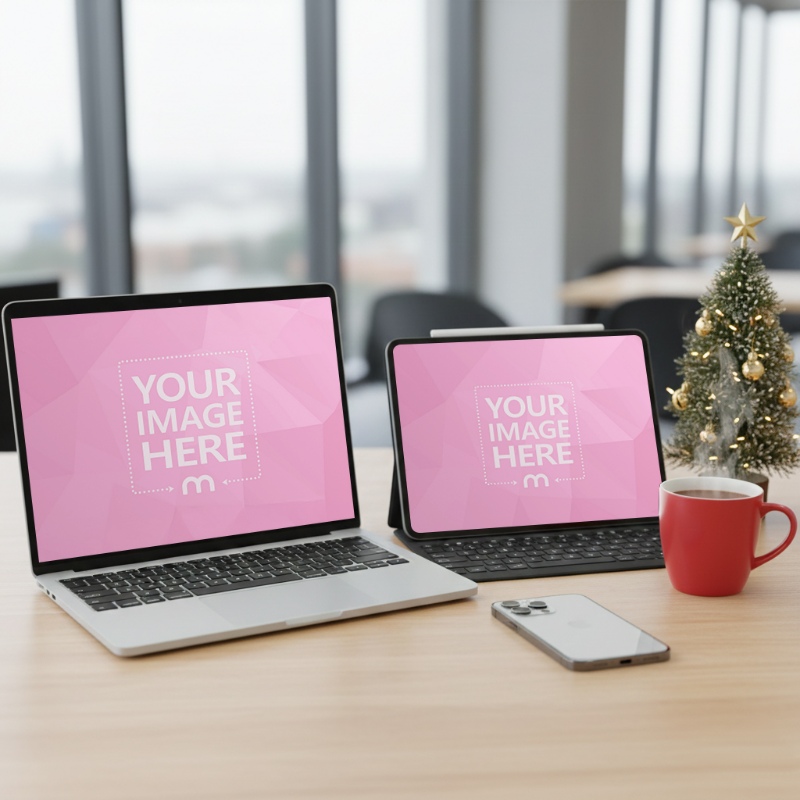 Laptop and Tablet Mockup on Table with Christmas Tree on the Side preview image