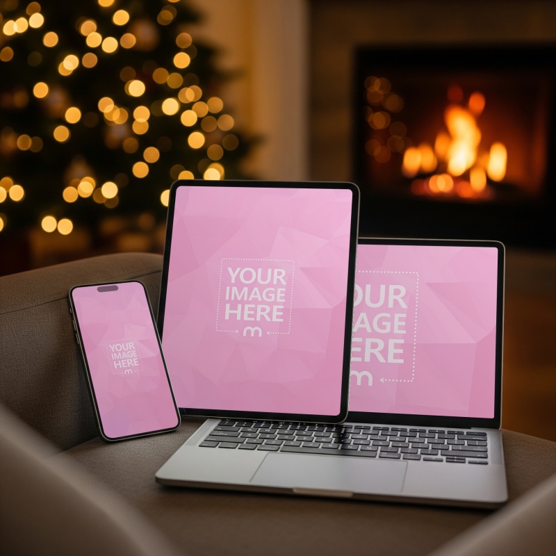 iPhone, Laptop and Tablet Mockup on Sofa with Bokeh Tree and Fireplace preview image
