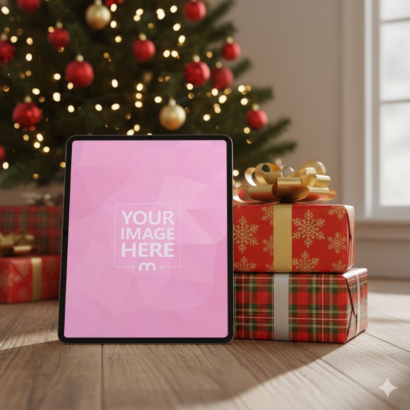Tablet Mockup Leaned on Gift Boxes in Bright Festive Christmas Setting preview image