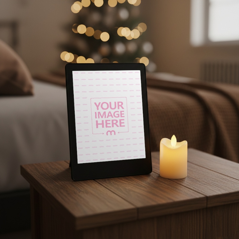E-Book Reader Mockup on Table with Cozy Christmas Bedroom Scene preview image