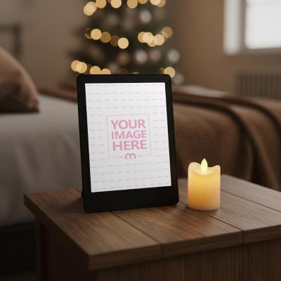 E-Book Reader Mockup on Table with Cozy Christmas Bedroom Scene