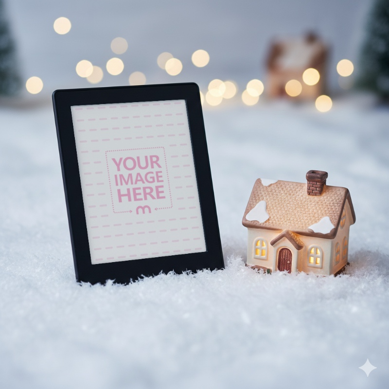 E-Book Reader Mockup in Miniature Style with Snow House and Winter Decor preview image