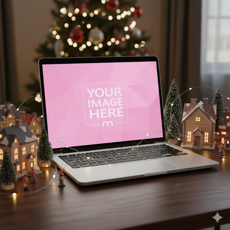 Laptop Screen Mockup with Snowy Miniature Village and Christmas Decor preview image