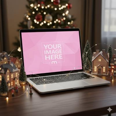 Laptop Screen Mockup with Snowy Miniature Village and Christmas Decor
