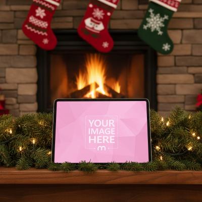 Tablet Screen Mockup with Fireplace in Cozy Christmas Living Room