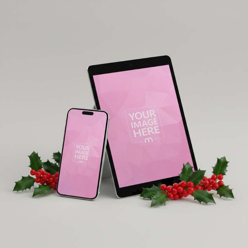 iPhone and Tablet Mockup with Leaves and Fruit on White Background preview image