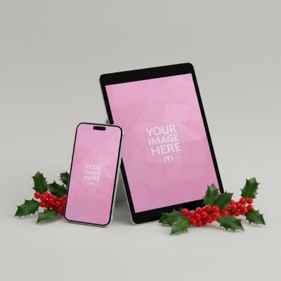 iPhone and Tablet Mockup with Leaves and Fruit on White Background