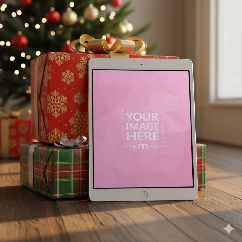 Tablet Mockup Leaned on Gift Boxes in Festive Christmas Setting preview image