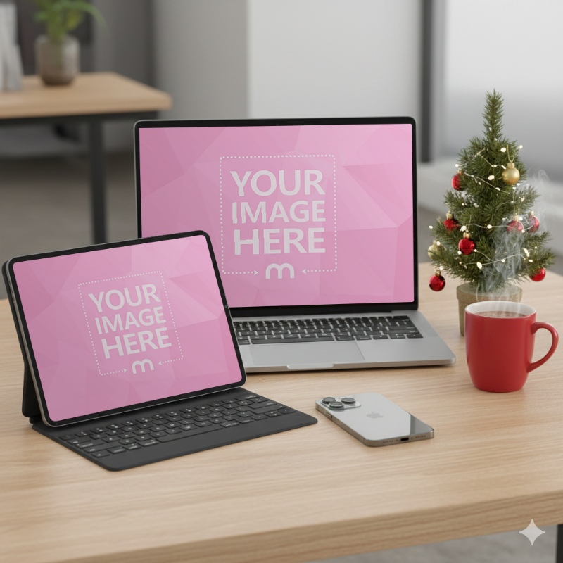Tablet and Laptop Mockup Above Table with Holiday Decor in Office Scene preview image