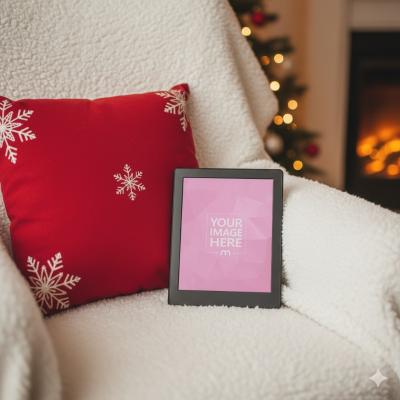 E-Book Reader Mockup on White Sofa with Red Pillow in Cozy Holiday Room