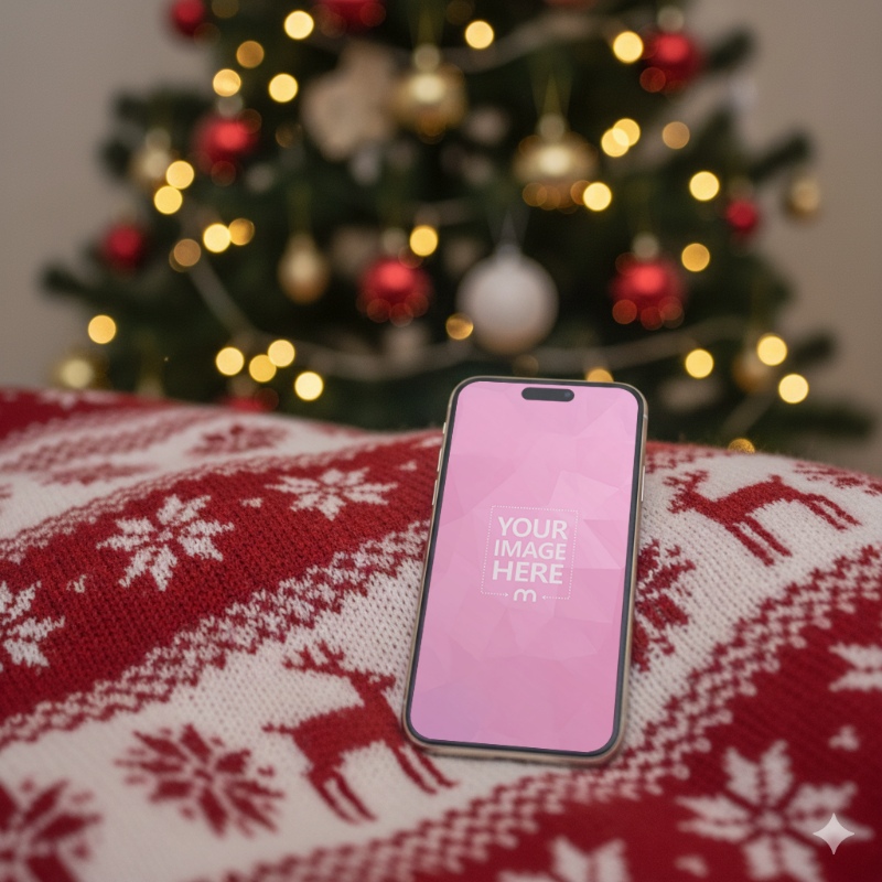 iPhone Mockup in Flatlay on Red Cloth with Holiday Decor Around preview image