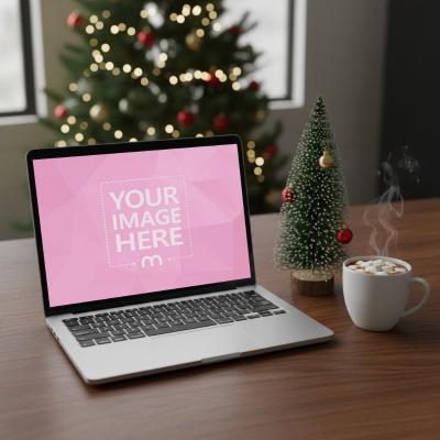 Laptop Mockup with Coffee on Table and Christmas Setup Nearby
