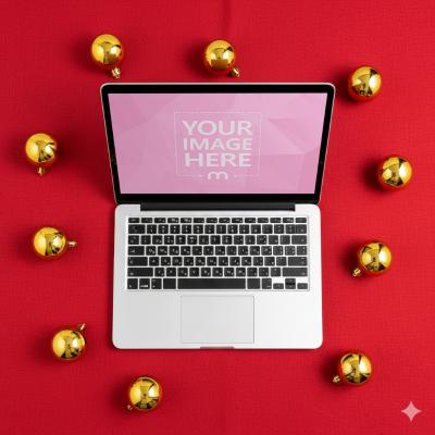 Notebook Mockup with Gold Ornaments on Red Festive Background