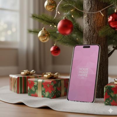 iPhone Mockup Leaning on Mini Tree in Cozy Indoor Christmas Scene