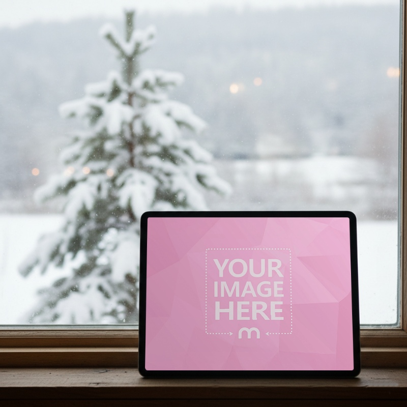 Tablet Mockup by Window with Snowy Outdoor Holiday View preview image