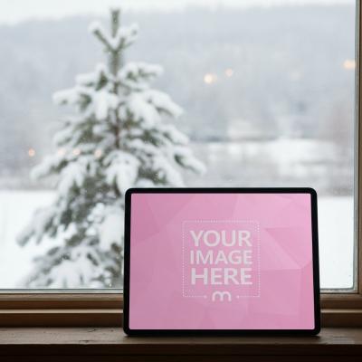 Tablet Mockup by Window with Snowy Outdoor Holiday View