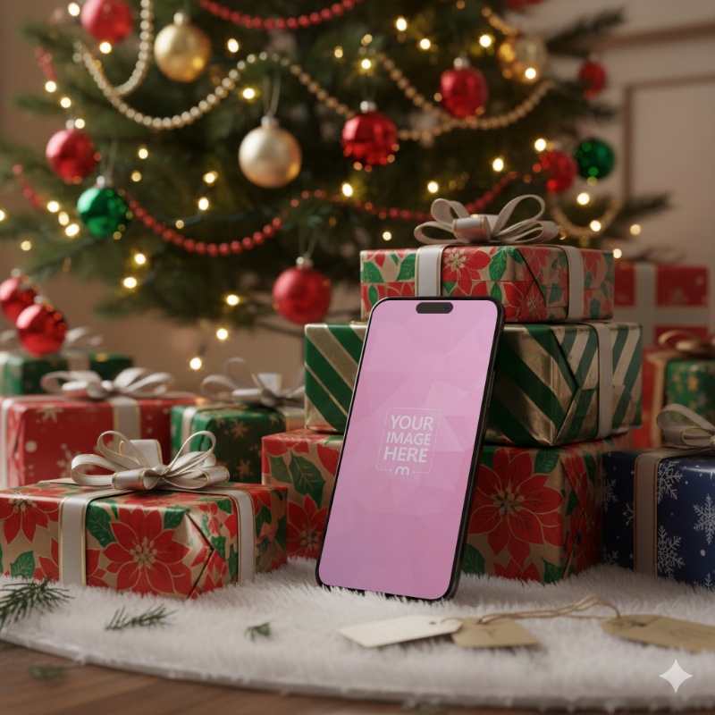 iPhone Mockup with Gift Boxes and Holiday Packages in a Neat Layout preview image