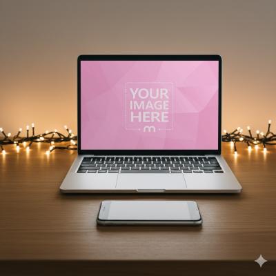 Laptop and Phone Flatlay with Warm Lamps and Christmas Decor