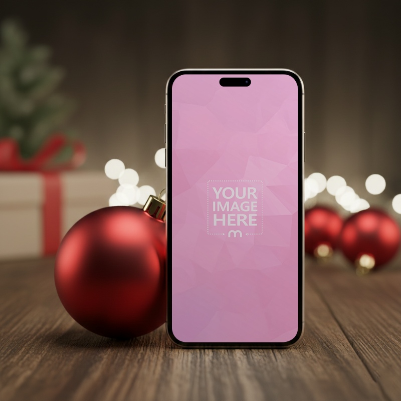 Close-up iPhone Mockup with Ornament in Minimal Festive Scene preview image
