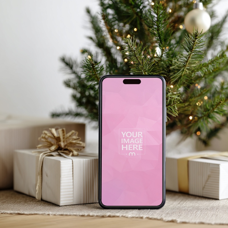 iPhone Mockup with Gift Box and Mini Tree in Bright Holiday Setup preview image