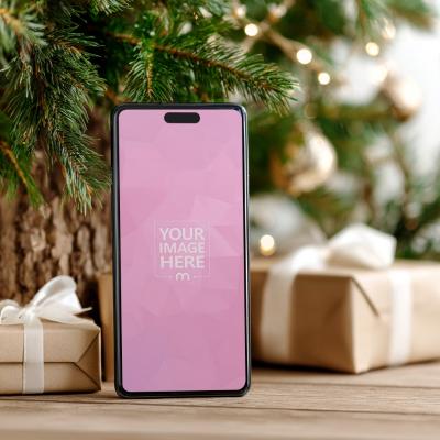 iPhone Screen Mockup with Christmas Gift Boxes in Festive Flatlay