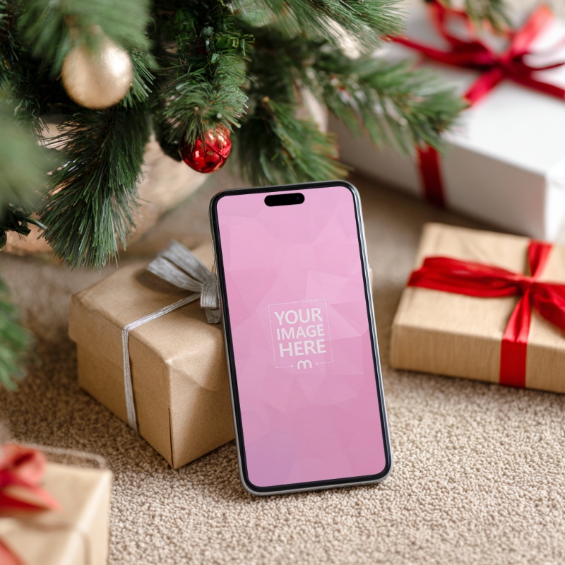 Smartphone Mockup Amid Gift Boxes and Ornaments in Cozy Winter Setup preview image