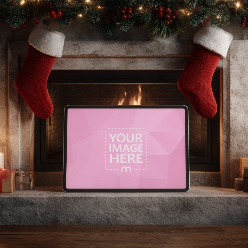 Tablet Mockup in Front of Fireplace in Cozy Christmas Living Room preview image