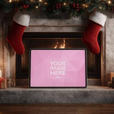 Tablet Mockup in Front of Fireplace in Cozy Christmas Living Room