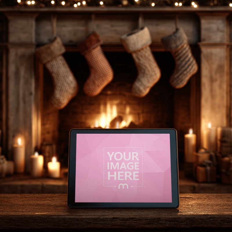 Tablet Mockup with Fireplace and Christmas Decor Behind preview image
