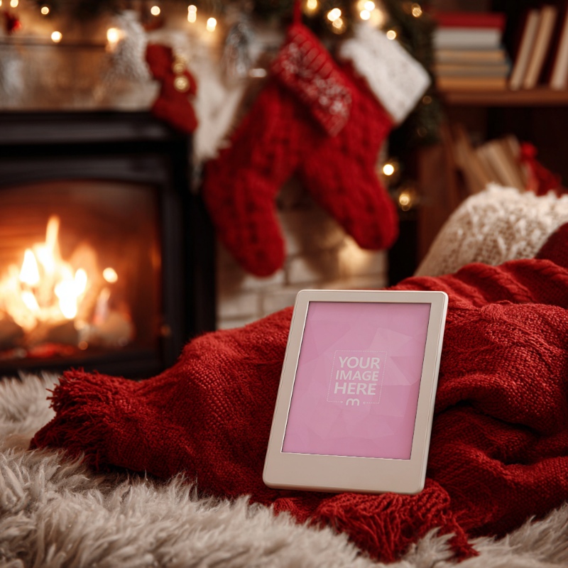 Kindle EReader Mockup on Red Cloth with Fireplace and Holiday Gifts preview image