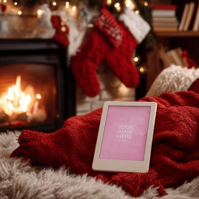 Kindle EReader Mockup on Red Cloth with Fireplace and Holiday Gifts