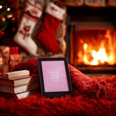 Kindle EReader Mockup with Books and Fireplace in Cozy Holiday Scene