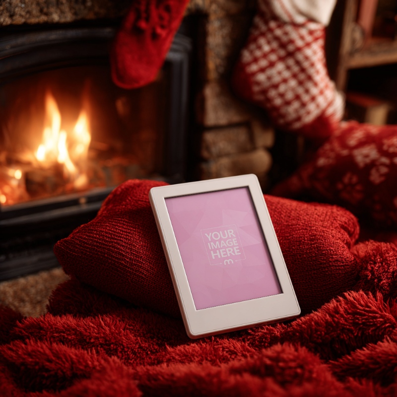 Kindle EReader Mockup on Red Fabric with Books and Bokeh Fireplace Glow preview image