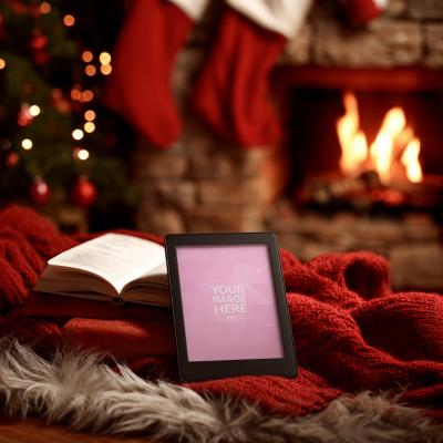 Kindle EReader Mockup Beside Book Stack in Cozy Room with Christmas Fireplace