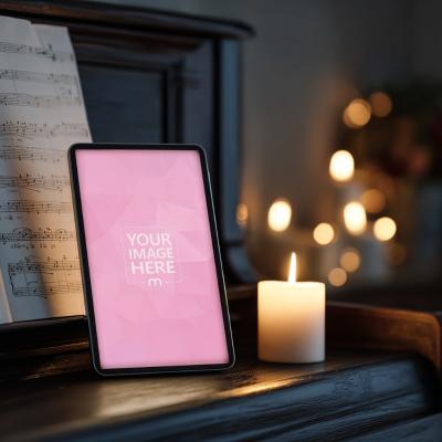 Tablet Mockup with Candle on Piano and Visible Music Sheet