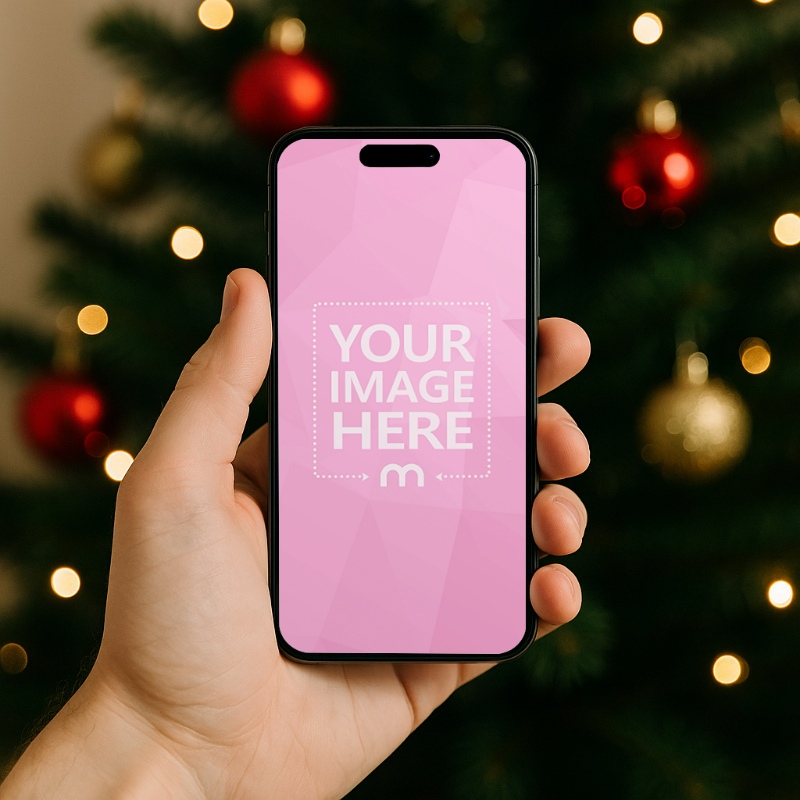 Hand Holding iPhone With Christmas Tree Mockup – Customizable Background, Holiday Mobile Display preview image