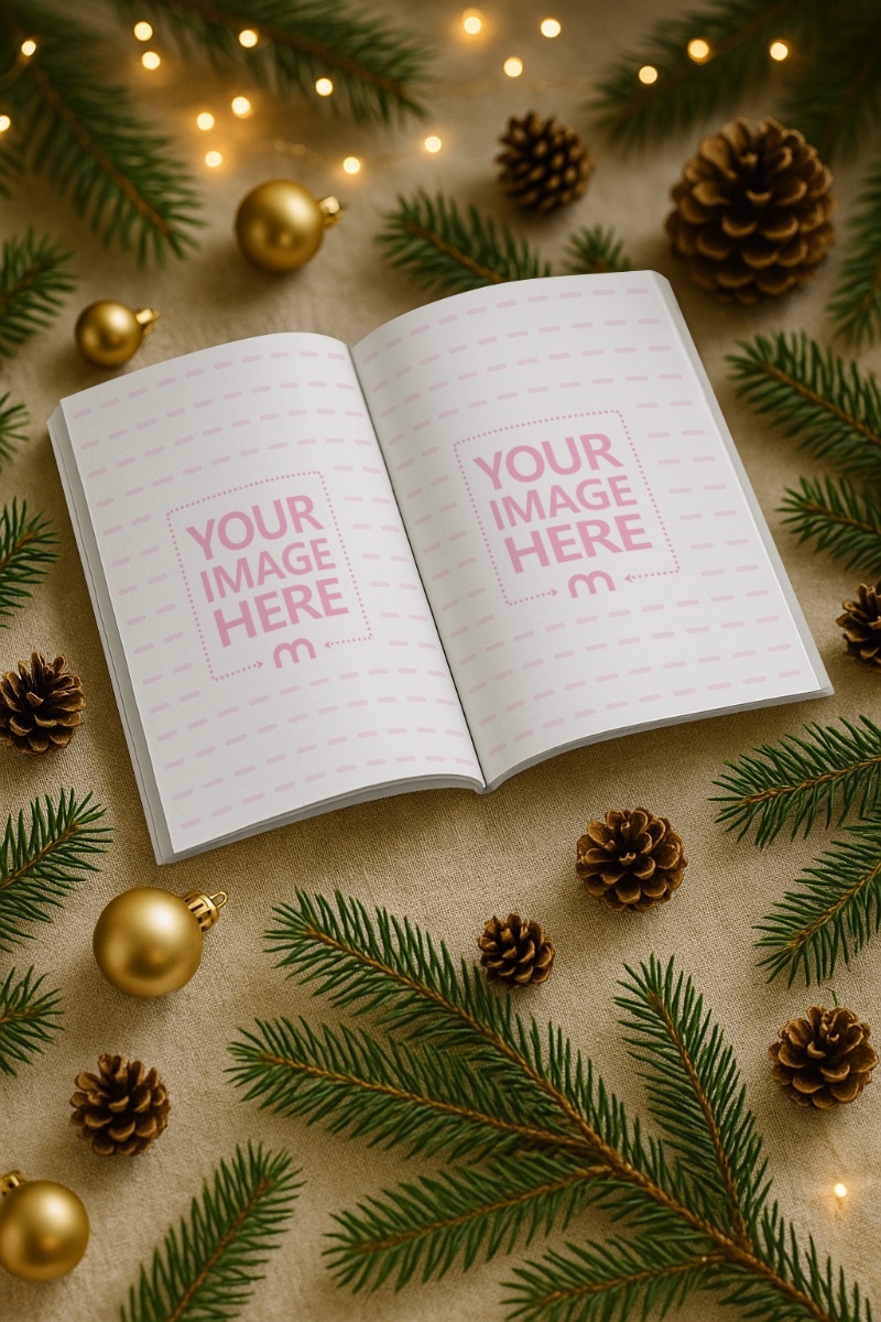 Open Book Page Mockup Surrounded by Christmas Ornaments preview image