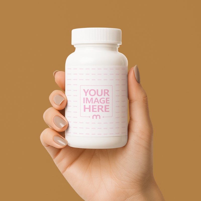 Bottle Label Mockup Held by Hand on Minimal Background preview image