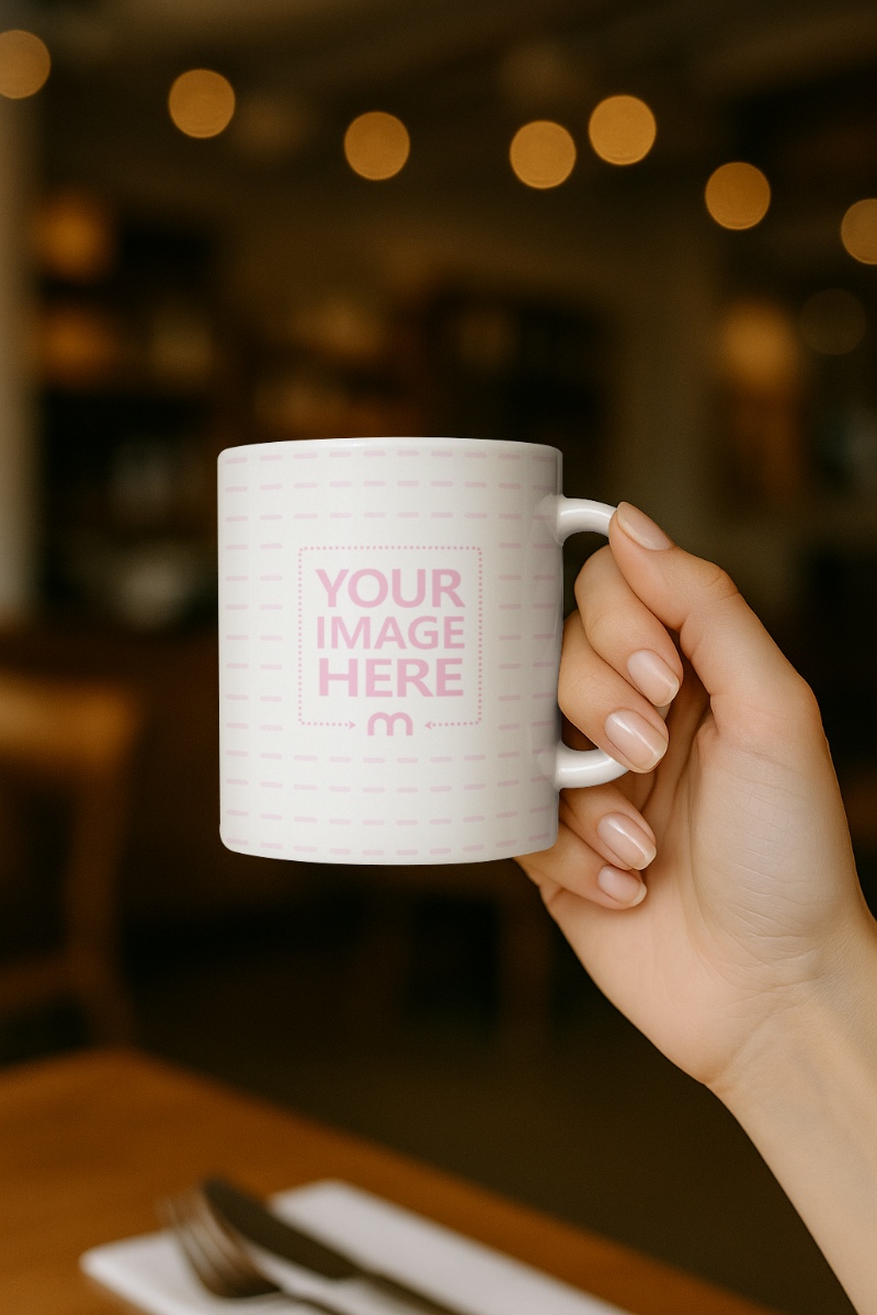 Mug Mockup Held by Hand in Cozy Dining Room Setting preview image