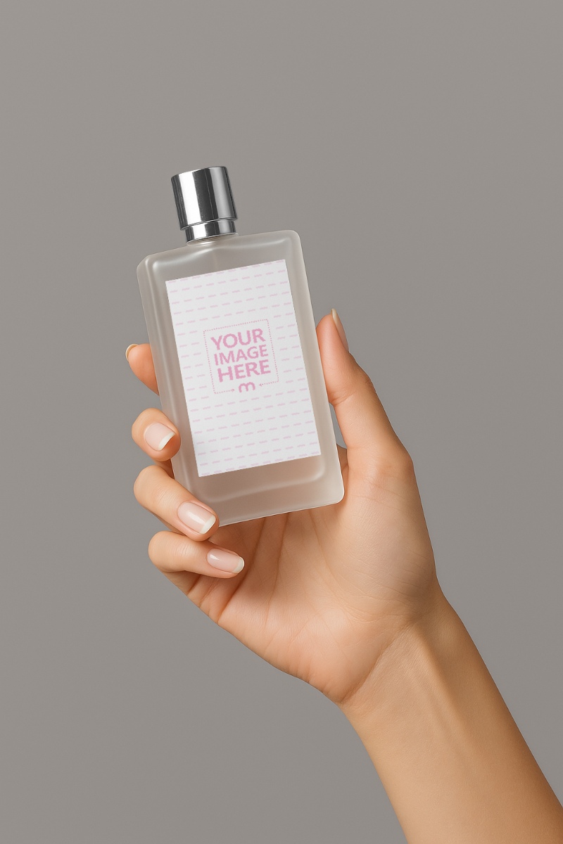 Perfume Bottle Label Bottle Mockup Held by Hand on Neutral Backdrop preview image