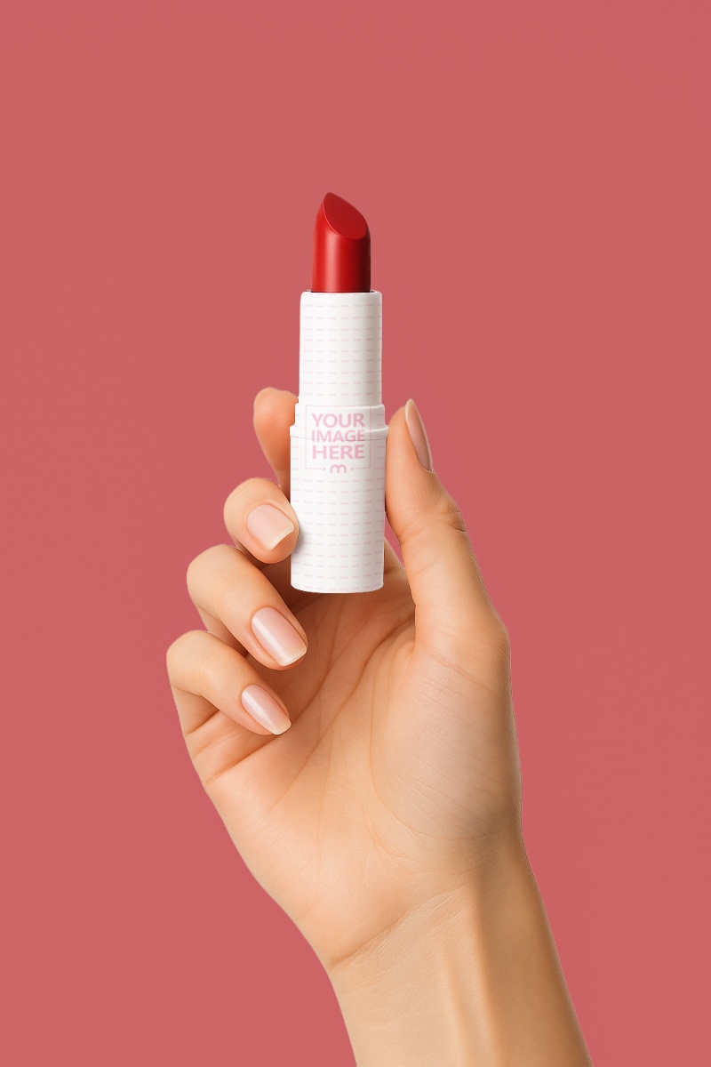 Lipstick Tube Mockup Held by Hand on Light Color Background preview image