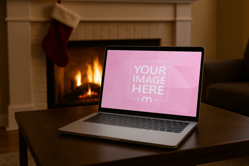 Laptop Screen Mockup on Wooden Table in Living Room Fireplace preview image