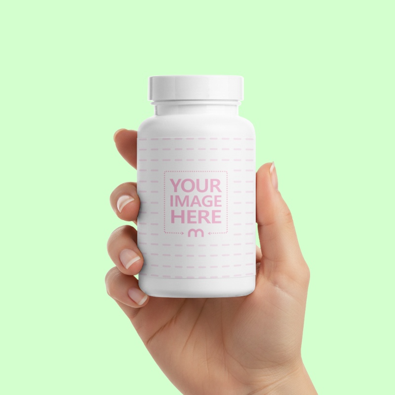 Bottle Label Mockup Presented with Hand on Light Green Background preview image