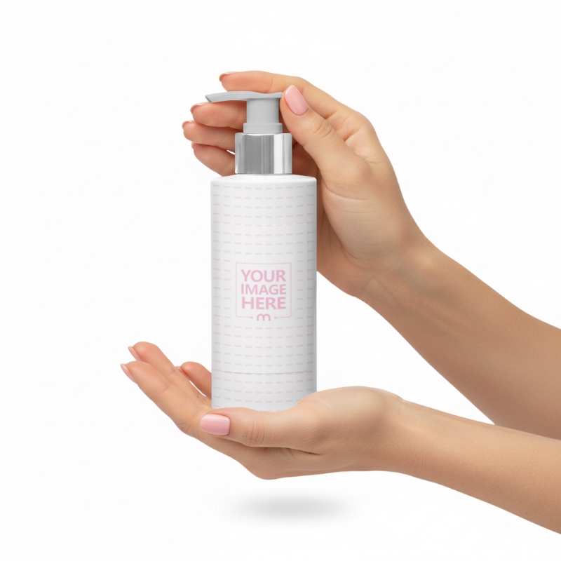 Soap Dispenser Bottle Mockup with Two Hands on White Background preview image