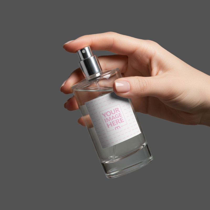 Perfume Bottle Label Mockup in Hand on Gray Background preview image