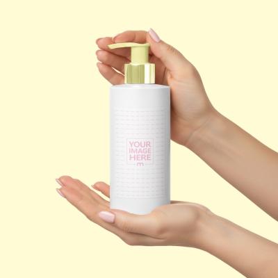 Soap Dispenser Bottle Held by Two Hands on Neutral Background