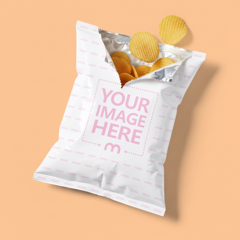 Snack Pack Mockup with Chips Spilled Out on Orange Background preview image