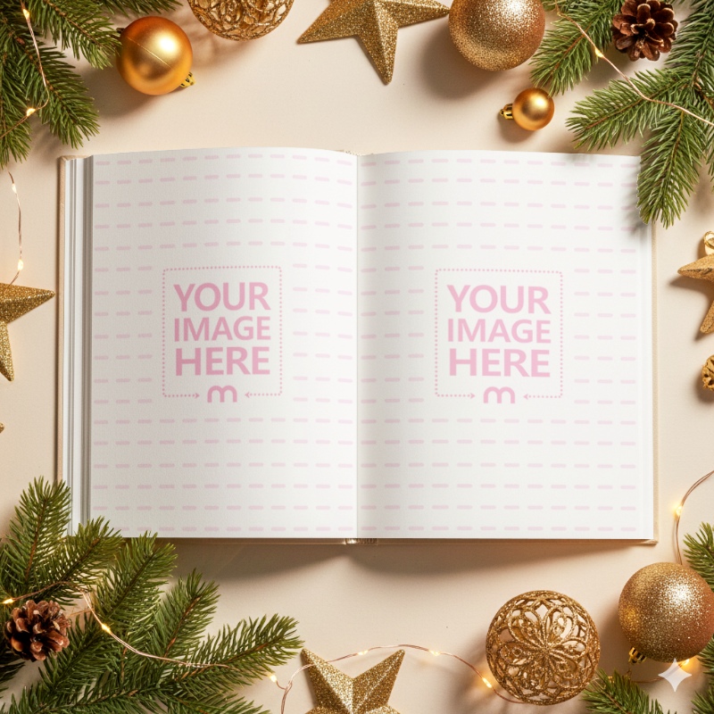 Top View Book Mockup on Table Surrounded by Christmas Décor preview image