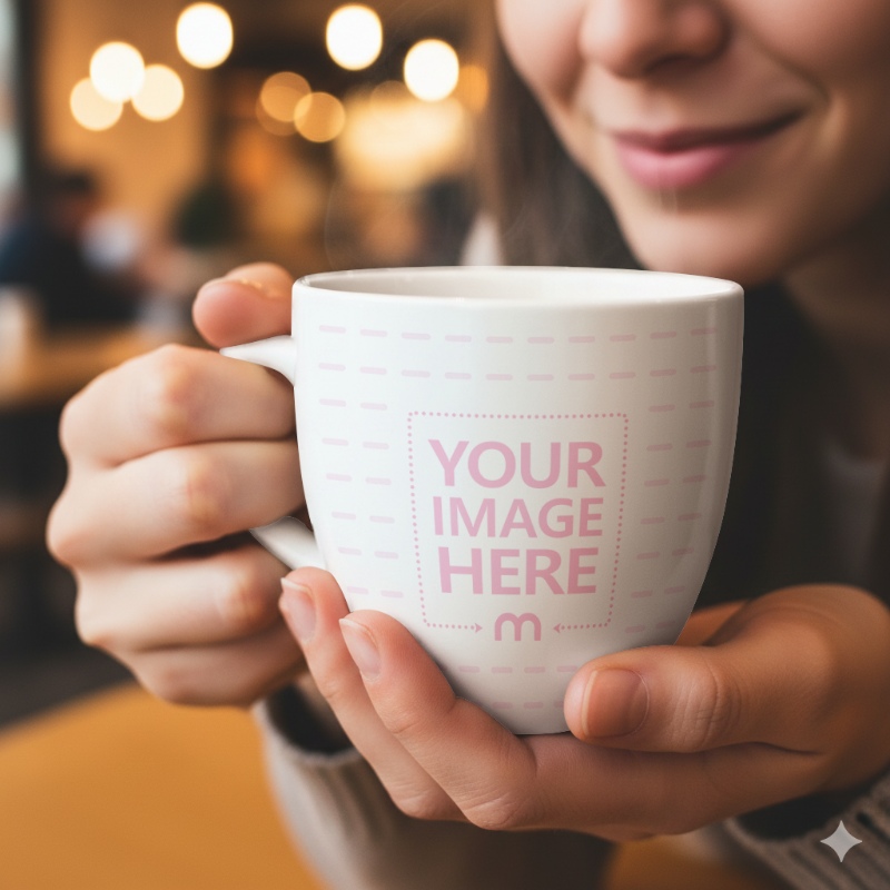 Coffee Cup Close-Up Mockup with Woman Smelling Aroma in Cozy Scene preview image
