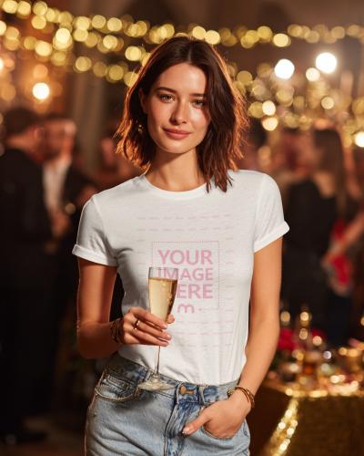 T-Shirt Mockup with Woman Holding Wine Glass in New Year Party